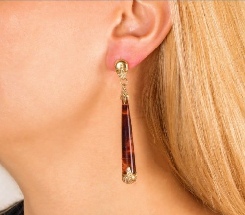 GOLDEN EARRINGS WITH WHITE DIAMONDS 0.62ct - SAPPHIRES 0.82ct - AGATES