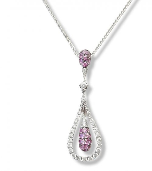  WHITE GOLD PENDANT 18CT WITH WHITE DIAMONDS 0.35ct AND ROSE SAFFIRES 0.40ct