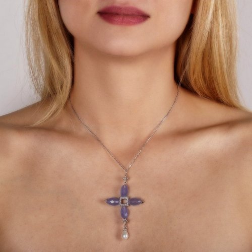 CROSS WITH WHITE DIAMONDS 0.23ct - WHITE PEARL AND CHALCEDONY